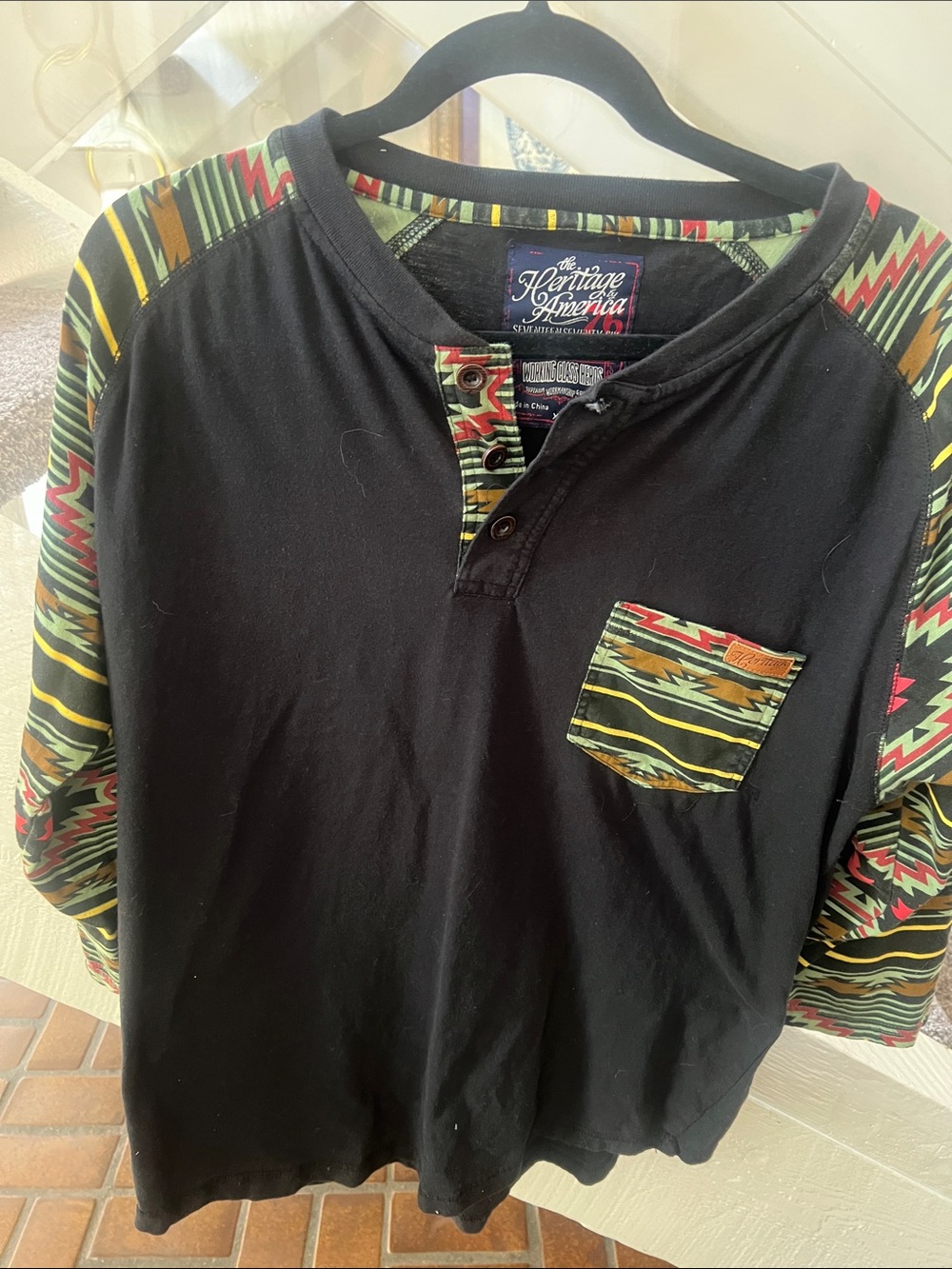 Heritage America Black Henley with Aztec Accent